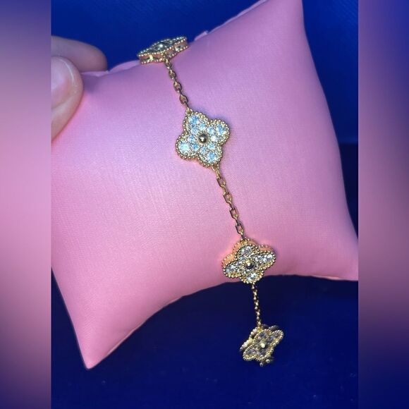18k Gold Plated Alhambra Crystal Clover Motif Bracelet - Picture 7 of 14